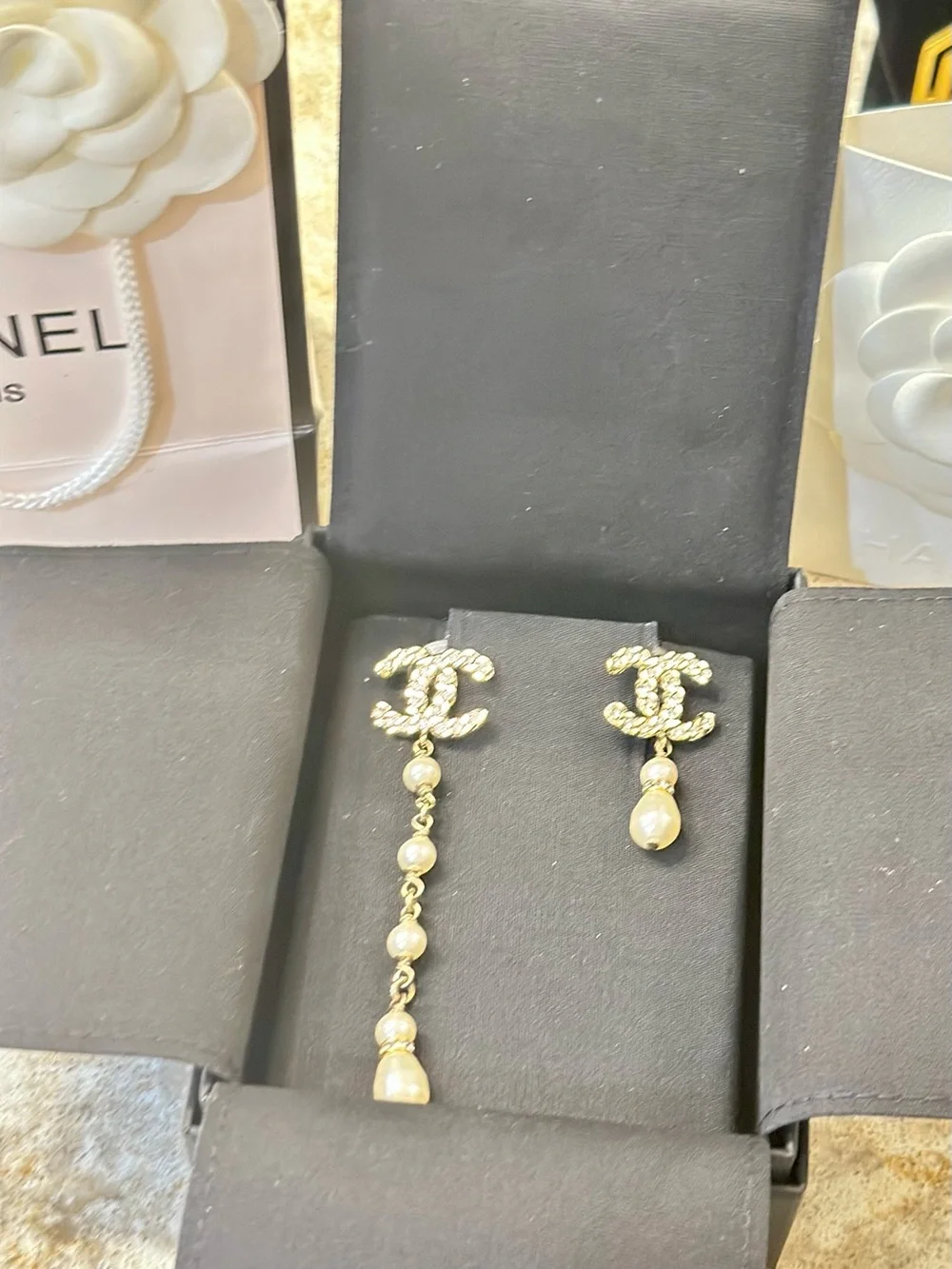 CHANEL Gold-Tone Pearl Drop Asymmetric CC Logo Earrings